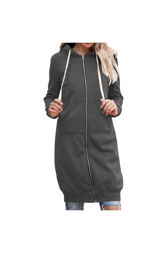 Womens Long Zipper Hoodies Coat Winter Drawstring Long Sleeve Warm Jacket Plus Size Casual Outwear with Pocket