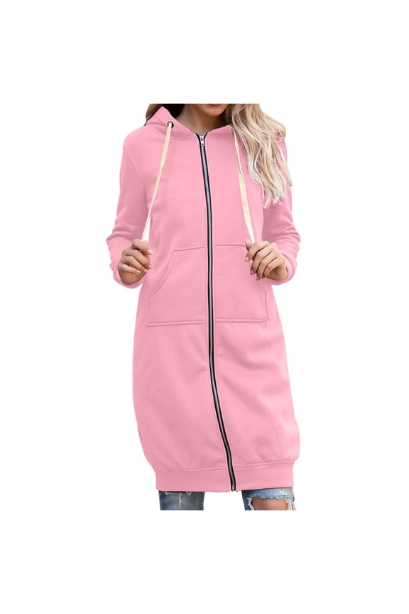 Womens Long Zipper Hoodies Coat Winter Drawstring Long Sleeve Warm Jacket Plus Size Casual Outwear with Pocket