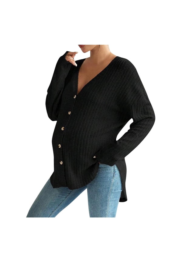 Womens Maternity Tops Long Sleeve Pregnancy Blouses V Neck Button Drop the Shloulder Cardigan
