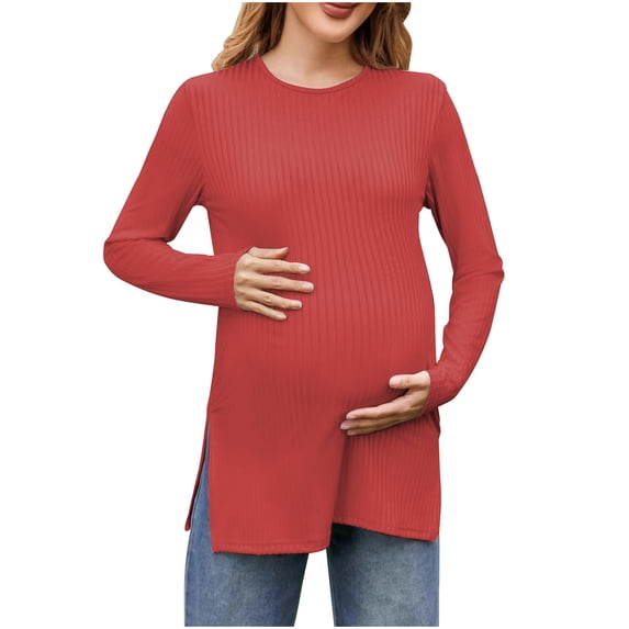 HAiming Womens Maternity Tops Long Sleeve Round Neck Pargnancy Solid Color Side Split Casual Soft Pullover Shirt