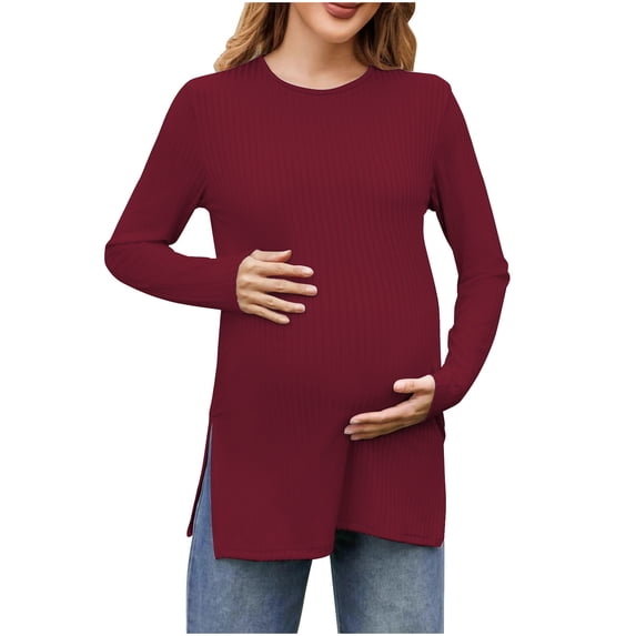 HAiming Womens Maternity Tops Long Sleeve Round Neck Pargnancy Solid Color Side Split Casual Soft Pullover Shirt