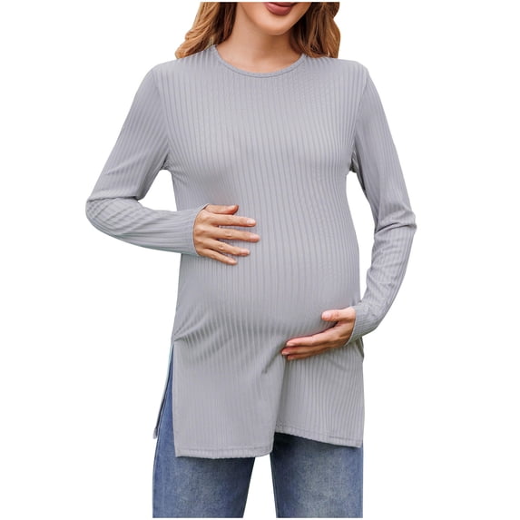 HAiming Womens Maternity Tops Long Sleeve Round Neck Pargnancy Solid Color Side Split Casual Soft Pullover Shirt