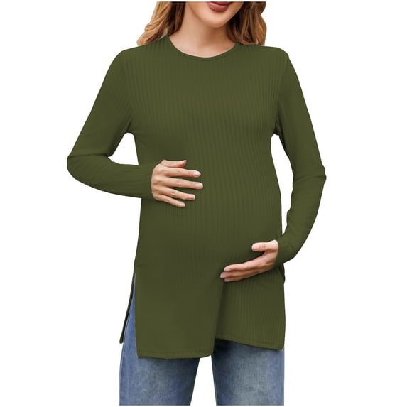 HAiming Womens Maternity Tops Long Sleeve Round Neck Pargnancy Solid Color Side Split Casual Soft Pullover Shirt