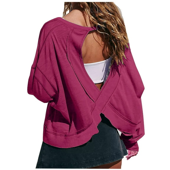 HAiming Womens Open Back Workout Tops Backless Short Sleeve Athletic Tee Shirt Casual Loose Running Gym Yoga Crop Tops