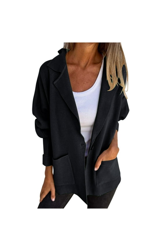 Womens Open Front Cardigan Coats Solid Color Long Sleeve Lapel Button down Plus Size Casual Jacket with Pocket