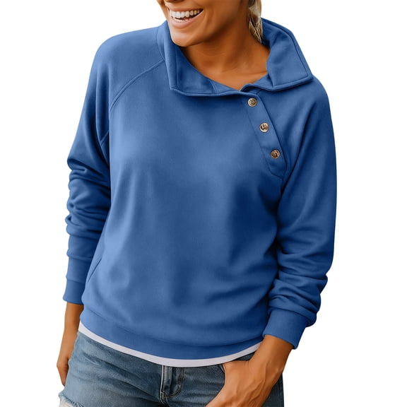 HAiming Womens Oversize Lapel Sweatshirts Side Button Collar Trendy Sweatshirt Casual Solid Color Loose Shirts