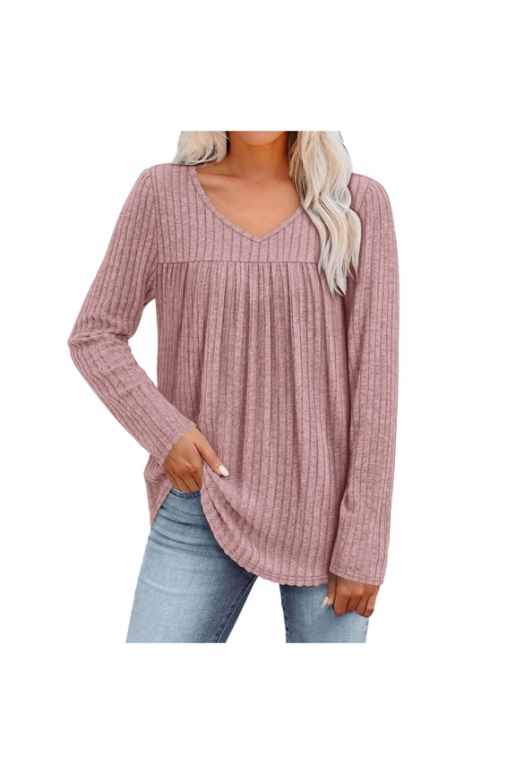 Womens Oversize Long Sleeve Tops V Neck Pleated Front Tunic Top Dressy Casual Curved Hem Pullover Blouse