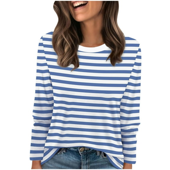 HAiming Womens Oversize Striped Shirt Crew Neck Long Sleeve Pullover Casual Basic Tops Trendy Blouses Clothes