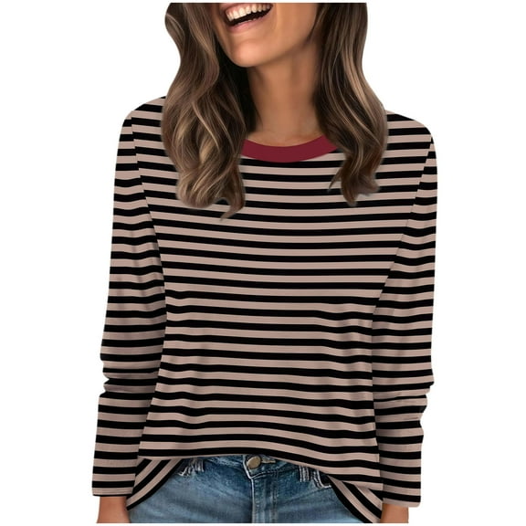HAiming Womens Oversize Striped Shirt Crew Neck Long Sleeve Pullover Casual Basic Tops Trendy Blouses Clothes