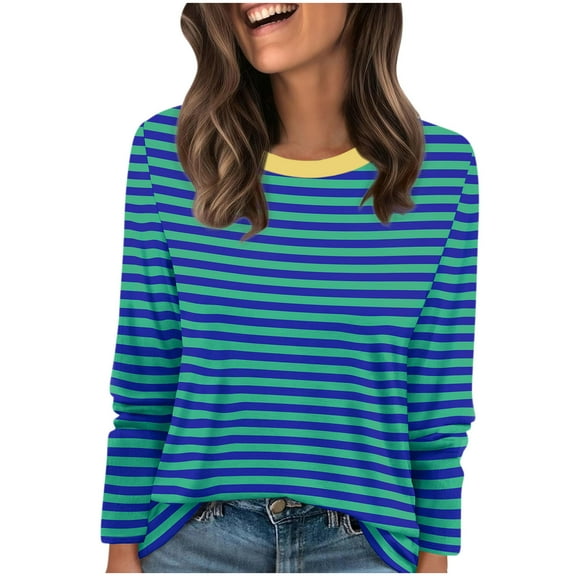 HAiming Womens Oversize Striped Shirt Crew Neck Long Sleeve Pullover Casual Basic Tops Trendy Blouses Clothes