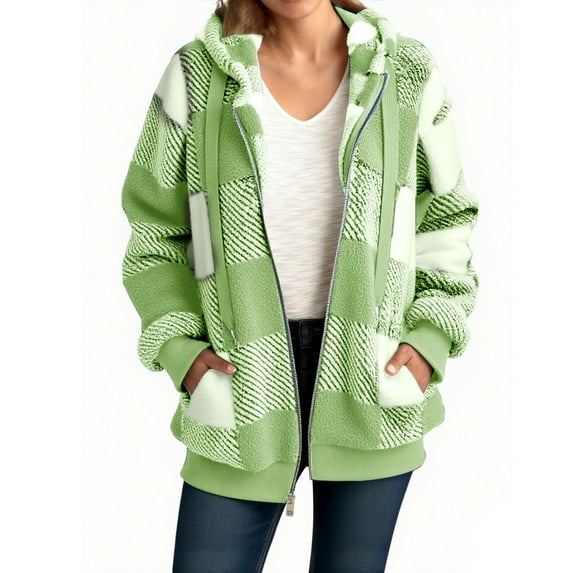 HAiming Womens Oversized Plaid Fleece Hooded Jacket Long Sleeve Fuzzy Drawstring Coat Trendy Clothes with Pockets
