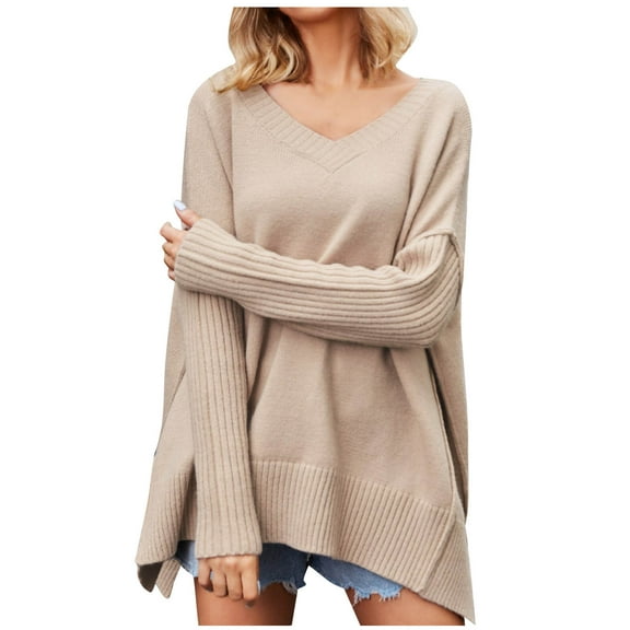 HAiming Womens Oversized Pullover Sweaters Fall Winter Fashion Casual Soild Color V-Neck Long Sleeve Loose Tops Blouse