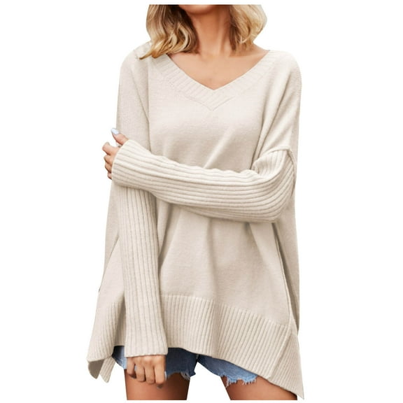 HAiming Womens Oversized Pullover Sweaters Fall Winter Fashion Casual Soild Color V-Neck Long Sleeve Loose Tops Blouse
