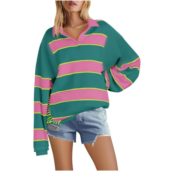 HAiming Womens Oversized Sweatshirt 2025 Trendy Striped V Neck Long Sleeve Shirts Fall Winter Casual Going out Blouses