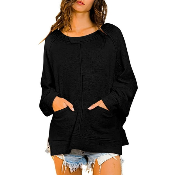 HAiming Womens Oversized Sweatshirts Casual Crew Neck Solid Color Long Sleeve Shirts Trendy Pullover Tops with Pockets