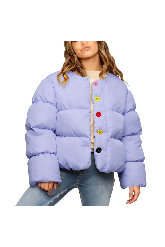 Womens Padded Coats Button down Long Sleeve Crew Neck Thicken Jackets Winter Coat with Pockets