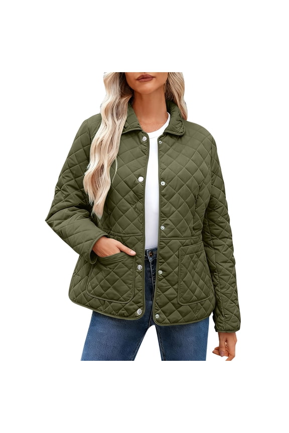 Womens Padded Quilted Jacket Lapel Button down Long Sleeve Outwear Winter Warm Coats with Pockets