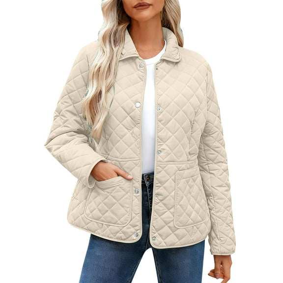 HAiming Womens Padded Quilted Jacket Lapel Button down Long Sleeve Outwear Winter Warm Coats with Pockets