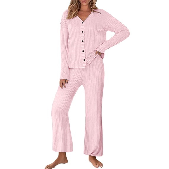 HAiming Womens Pajama 2 Piece Set Button down V Neck Long Sleeves Tops and Wide Leg Casual Pants Sleepwear Outfits