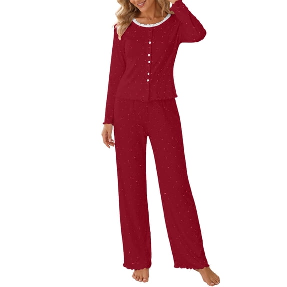 HAiming Womens Pajama Sets 2 Piece Outfits Long Sleeve Polka Dot Cute Shirts Wide Leg Pants Loungewear Casual Sleepwear