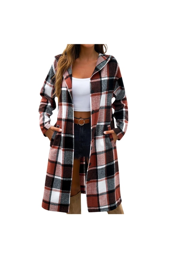 Womens Plaid Fleece Hooded Coat Jacket Button Long Sleeve Fall Winter Soft Warm Outwear with Pockets