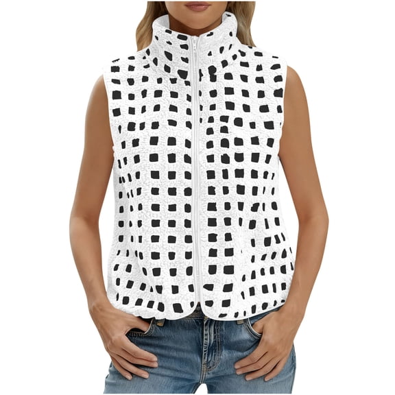 HAiming Womens Plaid Fleece Vest Sleeveless Winter Jacket Stand Collar Zip up Warm Soft Outwear Coats