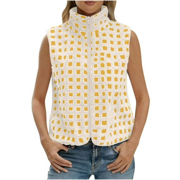 HAiming Womens Plaid Fleece Vest Sleeveless Winter Jacket Stand Collar Zip up Warm Soft Outwear Coats