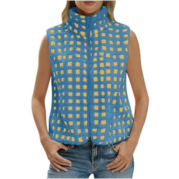 HAiming Womens Plaid Fleece Vest Sleeveless Winter Jacket Stand Collar Zip up Warm Soft Outwear Coats