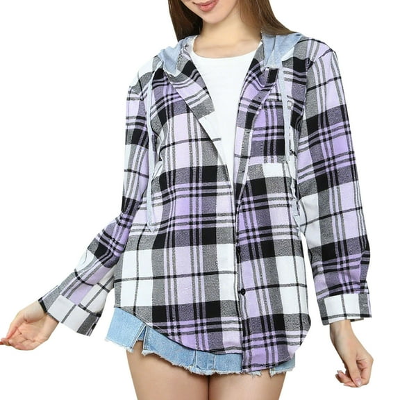 HAiming Womens Plaid Hooded Shirt Jacket Button down Lapel Collar Shirts Long Sleeve Cute Lightweight Coats Tops
