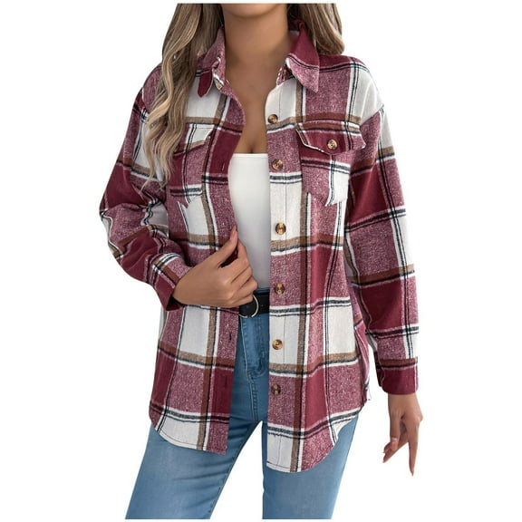 HAiming Womens Plaid Jacket Long Shacket Casual Button Tartan Trench Coat Long Sleeve Shirts with Pockets