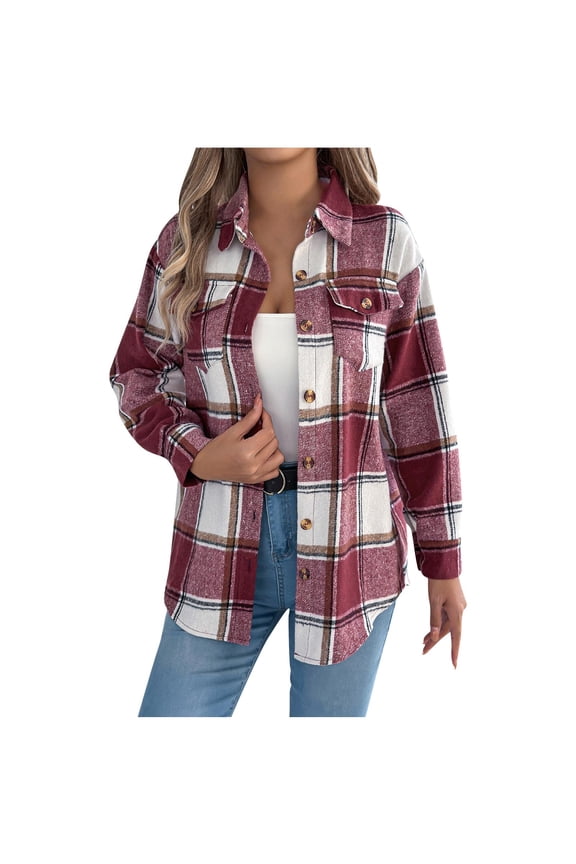 Womens Plaid Jacket Long Shacket Casual Button Tartan Trench Coat Long Sleeve Shirts with Pockets