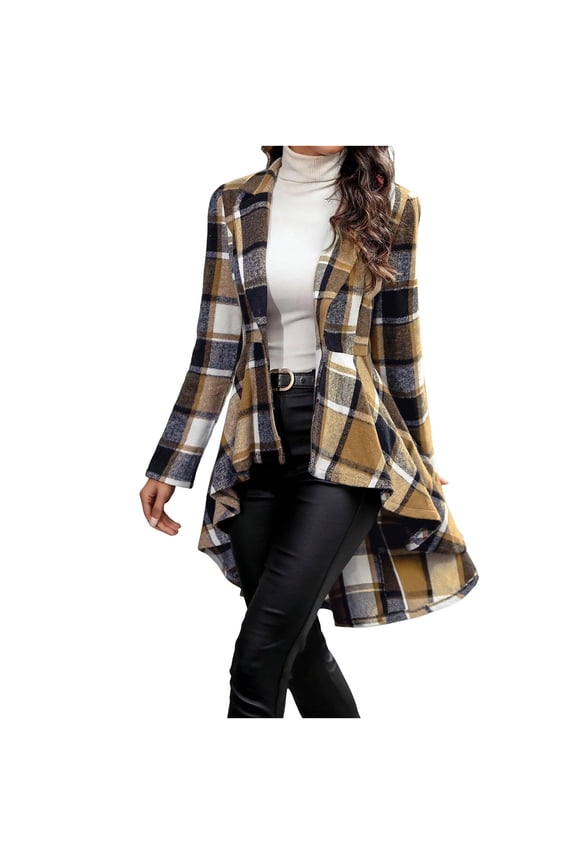 Womens Plaid Peplum Hem Shacket Jacket Button Open Front Lapel Long Sleeve Trench Coat Trendy Clothes