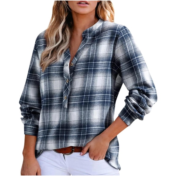 HAiming Womens Plaid Shirt Half Button Long Sleeve Crew Neck Casual Pullover Tops Loose Trendy Blouse