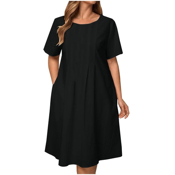 HAiming Womens Pleated Dresses Summer Short Sleeve Crew Neck Cotton Linen Solid Color Comfy Crew Neck Knee Length Dress