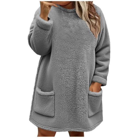 HAiming Womens Plus Size Fleece Tops Casual Loose Fuzzy Long Sleeve Crew Neck Soft Comfy Warm Fall Winter Clothes
