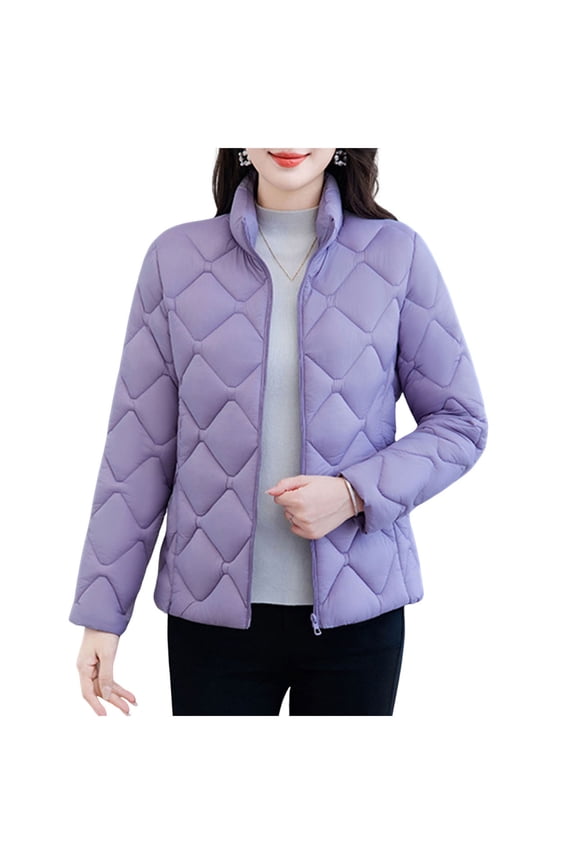 Womens Plus Size Jacket Full Zipper Long Sleeve Stand Collar Solid Padded Coat Fall Winter Trendy Clothes