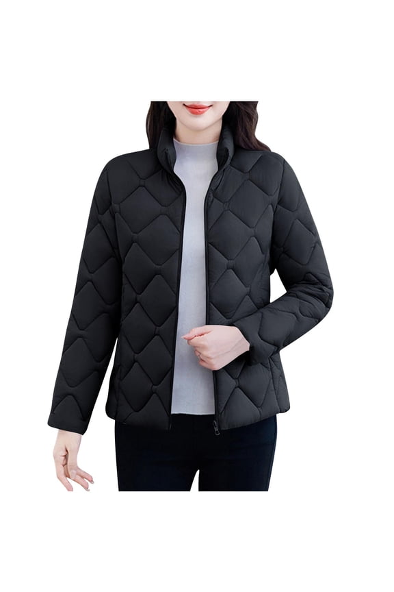 Womens Plus Size Jacket Full Zipper Long Sleeve Stand Collar Solid Padded Coat Fall Winter Trendy Clothes