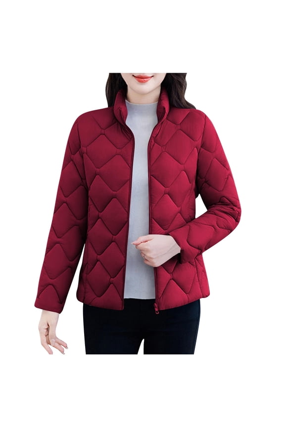 Womens Plus Size Jacket Full Zipper Long Sleeve Stand Collar Solid Padded Coat Fall Winter Trendy Clothes