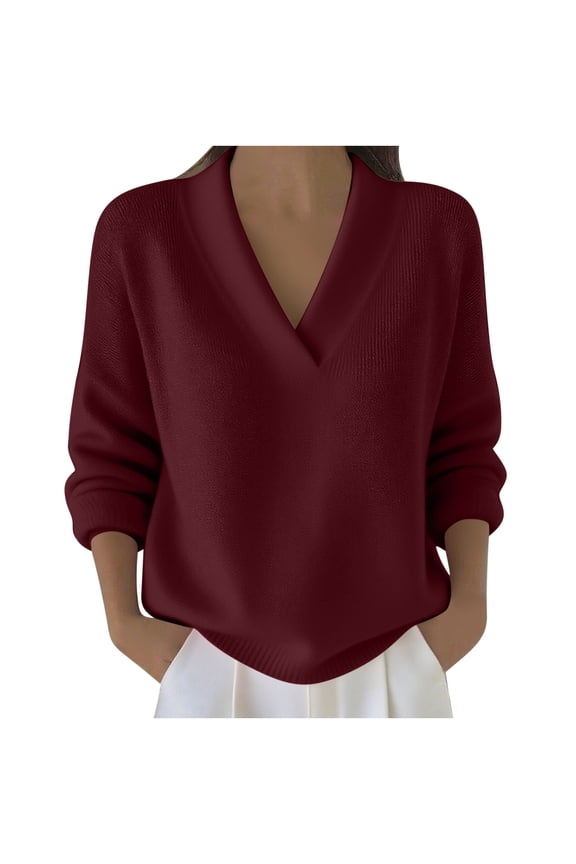 Womens Plus Size Knit Cotton Sweater Casaul V Neck Long Sleeve Solid Color Trendy Pullover Tops