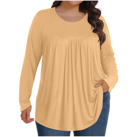 HAiming Womens Plus Size Long Sleeve Shirt Dressy Casual Round Neck Pullover Solid Color Pullover Tops Going out Clothing