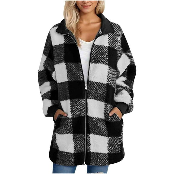 HAiming Womens Plus Size Plaid Jacket Fuzzy Fleece Zip up Lapel Collar Warm Fall Winter Coats with Pockets