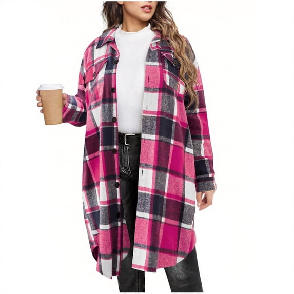 HAiming Womens Plus Size Plaid Shirts Jacket Long Sleeve Lounge Lapel Collar Button down Long Outerwear Coats
