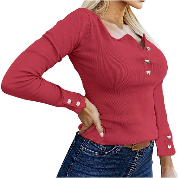 HAiming Womens Plus Size Ribbed Knit Sweaters Casual Long Sleeve Round Neck Shirts Trendy Fall Slim Button Blouses