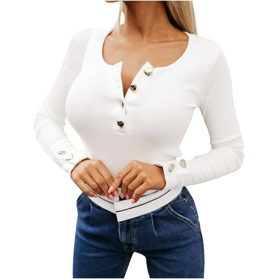 HAiming Womens Plus Size Ribbed Knit Sweaters Casual Long Sleeve Round Neck Shirts Trendy Fall Slim Button Blouses