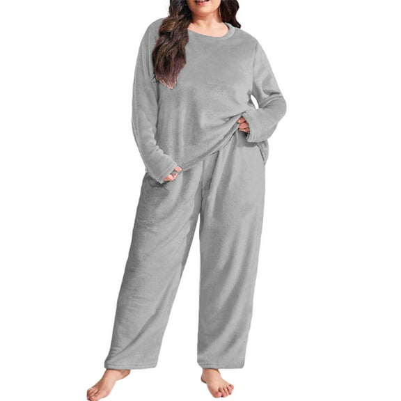 HAiming Womens Plus Size Sets 2 Piece Outfits Fuzzy Fleece Crewneck Pullover Sweatshirt Wide Leg Pants Lounge Suits