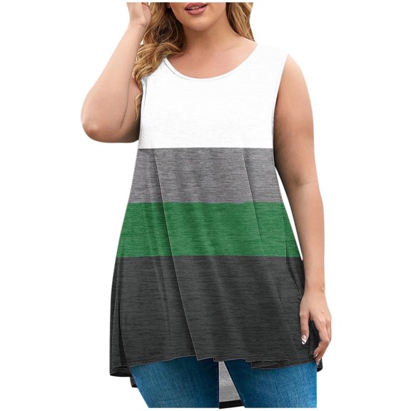 HAiming Womens Plus Size Tank Tops Color Block Sleeveless Loose Shirt Round Neck Flowy Tees Trendy Clothes
