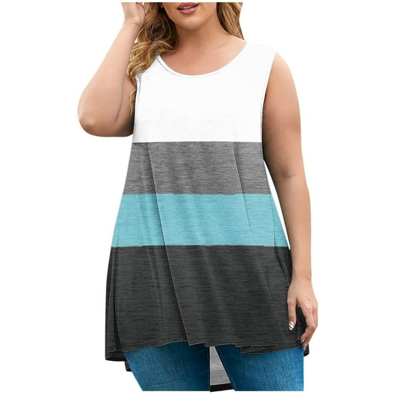 HAiming Womens Plus Size Tank Tops Color Block Sleeveless Loose Shirt Round Neck Flowy Tees Trendy Clothes