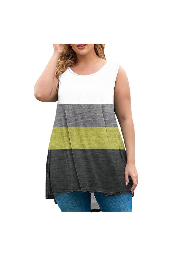 Womens Plus Size Tank Tops Color Block Sleeveless Loose Shirt Round Neck Flowy Tees Trendy Clothes