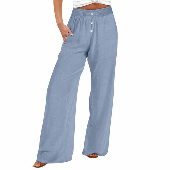 HAiming Womens Plus Size Wide Leg Pants Elastic High Waist Pants Casual Button Decor Palazzo Trousers with Pocket