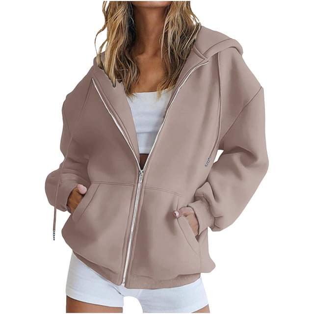 HAiming Womens Plus Size Zip up Hoodie Jacket Casual Long Sleeve Hooded Sweatshirt Coat with Pockets Khaki XL